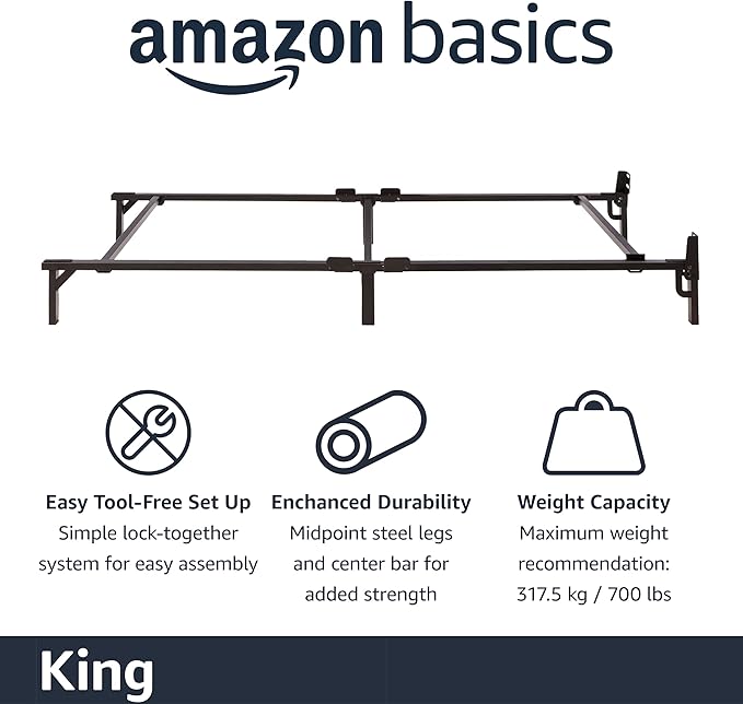 Amazon Basics Metal Bed Frame(Box Spring Required), 9-Leg Base for Box Spring and Mattress, King, Tool-Free Easy Assembly, Black