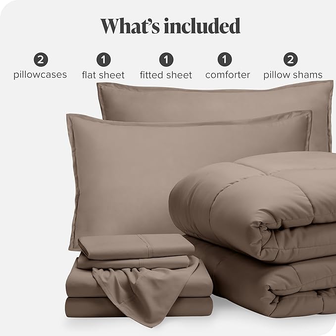 Bare Home Bed-in-A-Bag 7 Piece Comforter & Sheet Set - King - Goose Down Alternative - Ultra-Soft 1800 Premium - Bed Set (King, Taupe/Taupe)