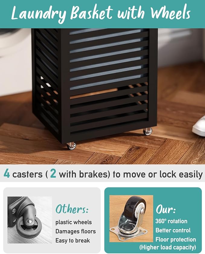 Black Laundry Hamper, Laundry Hamper with Wheels, 22.7 Gallon (86L) Bamboo Wood Clothes Laundry Basket with Handles, Removable Liner