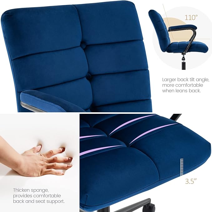 Velvet Home Office Desk Chair, Upholstered Adjustable Swivel Task Chair with Wheels, Tufted Mid-Back Computer Chair with Arms, for Study Living Room Vanity (Blue, Black Base)