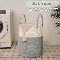 Large Woven Laundry Basket Hamper,80L Cotton Rope Storage Bin for Blankets,Toys and Clothes,Decorative Tall Nursery Hamper for Living Room,Baby Nursery,Bathroom and Bedroom,White and Grey