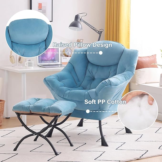Tiita Lazy Chair with Ottoman, Modern Large Accent Lounge Armchair, Comfy Leisure Sofa Reading Chair with Footrest for Bedroom, Living Room, Dorm Rooms, Garden and Courtyard, Velvet Light Blue