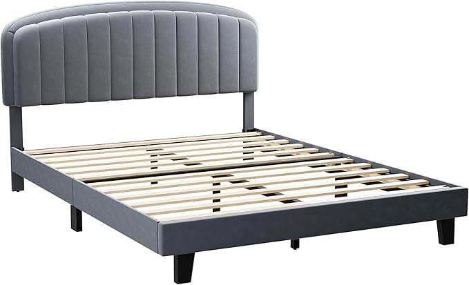 Cozy Castle Queen Bed Frame with Adjustable Vertical Channel Tufted Headboard, Velvet Upholstered Platform Bed with Wood Slats, Mattress Foundation, No Box Spring Needed, Easy Assembly, Gray