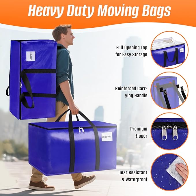 4-Pack Moving Bags with Backpack Straps & Carry Handles, 25 Gallons-93 L Heavy Duty Storage Totes for Space Saving, Foldable Storage Bags for College Dorm, Travel, Camping (Blue)