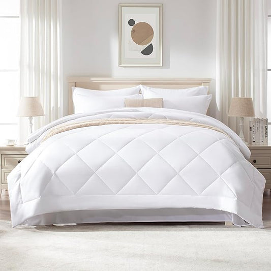 Love's cabin Full Comforter Set White, 7 Pieces Full Bed in a Bag, All Season Bedding Sets with 1 Comforter, 1 Flat Sheet, 1 Fitted Sheet, 2 Pillowcase and 2 Pillow Sham