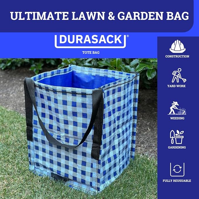 DURASACK Heavy Duty Storage Tote Bag 22-Gallon Rugged Woven Polypropylene Moving Bag, Reusable Self-Standing Design, Holds up to 500 Pounds, Pack of 4, Gingham Blue