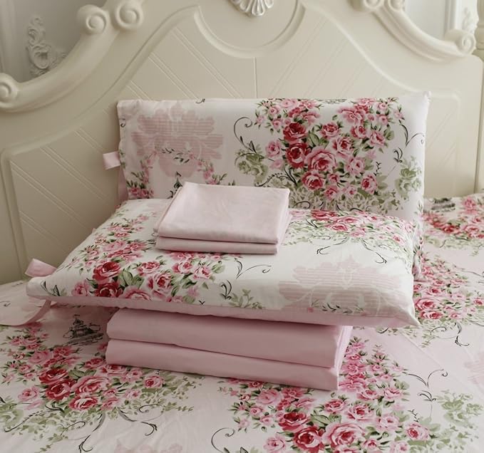 FADFAY Shabby Floral Bedding Set Full Size Sheet Set 4 Piece Premium 100% Cotton Pink Rose Pattern :1 Deep Pocket Fitted Sheet, 1Flat Sheet, 2 Pillowcases (Standard Size)