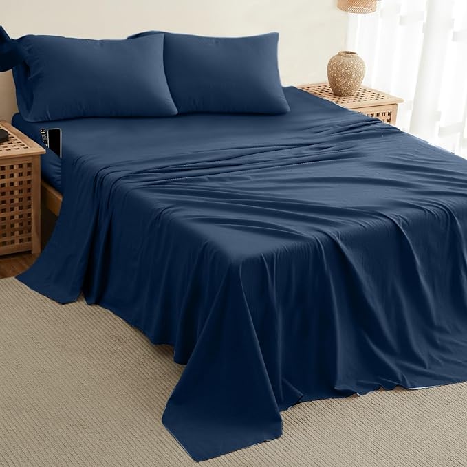 DREAMCARE California King Sheet Sets – 4 pcs Cooling Sheets – up to 21” Deep Cal King Sheets – Hotel Luxury Pillowcases – Superior Softness 100% Fine Microfiber with Side Pocket – Navy Blue DREAMCARE