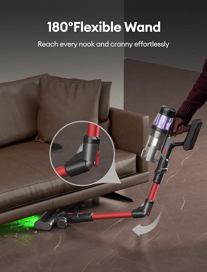 Ultenic Cordless Vacuum Cleaner, 550W/50Kpa, 60Mins Runtime, Stick Vacuum Cordless with 180°Bendable Wand, Anti-Tangle Brush, Vacuum Cleaners for Home/Pet Hair/Carpet/Floor (Red)