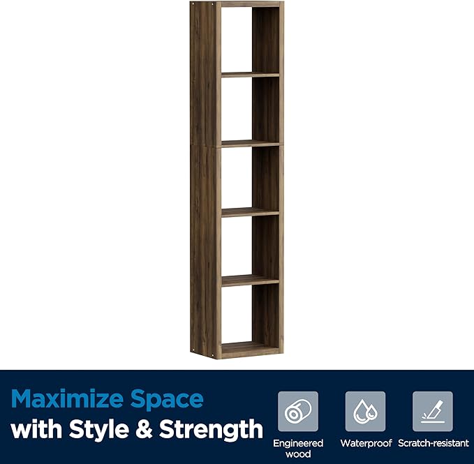 5 Cube Storage Organizer Single Row, Cube Shelf with Heavy-Duty Thick Boards, 13.31" L x 9.37" W x 60.55" H, Smooth Easy-Clean Panels, Simple Assembly, for Living Room Bedroom Office, Brown