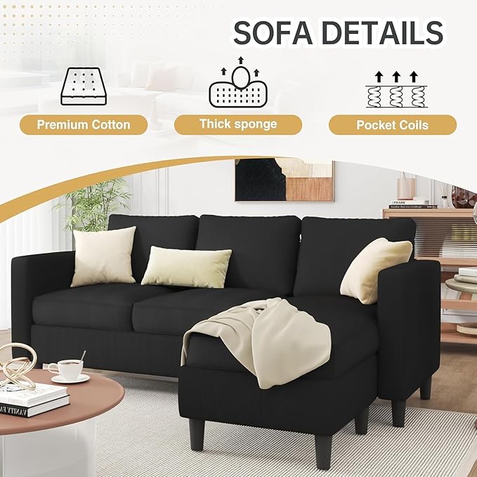 JAMFLY 3-Seat Convertible L-Shaped Sectional Sofa with Reversible Ottoman, Upholstered Fabric Couch for Small Living Rooms, Modern Modular Couch for Apartment, Studio & Loft, Black