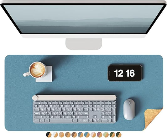 YSAGi Double-Sided Desk Pad, Leather Desk Mat, Eco Cork Desk Pad Protector, Large Mouse Pad for Desk, Waterproof Desk Blotter Pad, Desk Writing Pad for Office Work/Home(23.6"x13.7",Sea Blue+Cork)