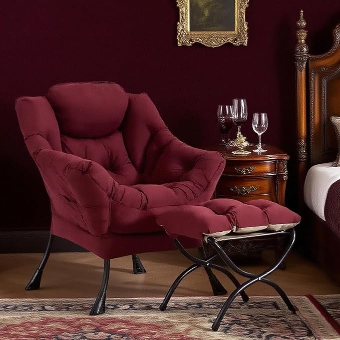 Tiita Lazy Chair with Ottoman, Modern Large Accent Lounge Armchair, Comfy Leisure Sofa Reading Chair with Footrest for Bedroom, Living Room, Dorm Rooms, Garden and Courtyard, Wine red