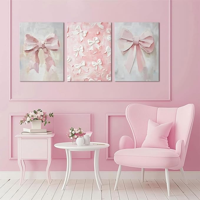 Pink Bow Canvas Wall Art Set of 3 Coquette Oil Painting Cute Bow Posters Wall Decor Trendy Preppy Print Picture for Back to School Bedroom Bathroom College Dorm 12x16 In Framed