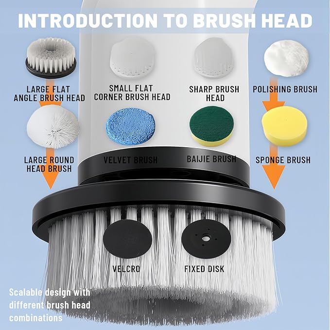 Electric Spin Scrubber- Ditch The Scrubbing! Long Handle Shower Scrubber with 9 Replaceable Heads - 2 Speed Cordless Brush Ensures Long Battery Life, Modern White Design!