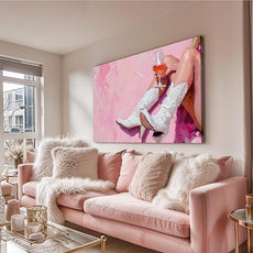 Cowgirl Boots Wall Art Coastal Cowgirl Wall Decor Aesthetic Cowboy Boots with Wine Glass Picture Pink Cowgirl Western Aesthetic Decor Trendy Preppy Girls Room Decor for Bedroom Dorm Framed 16 X 24 in