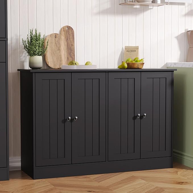 Sideboard Buffet Cabinet with 4 Doors, 47" W Kitchen Storage Cabinet with Storage, Modern Farmhouse Coffee Bar Station Wood Kitchen Table for Living Room Dining Room, Black