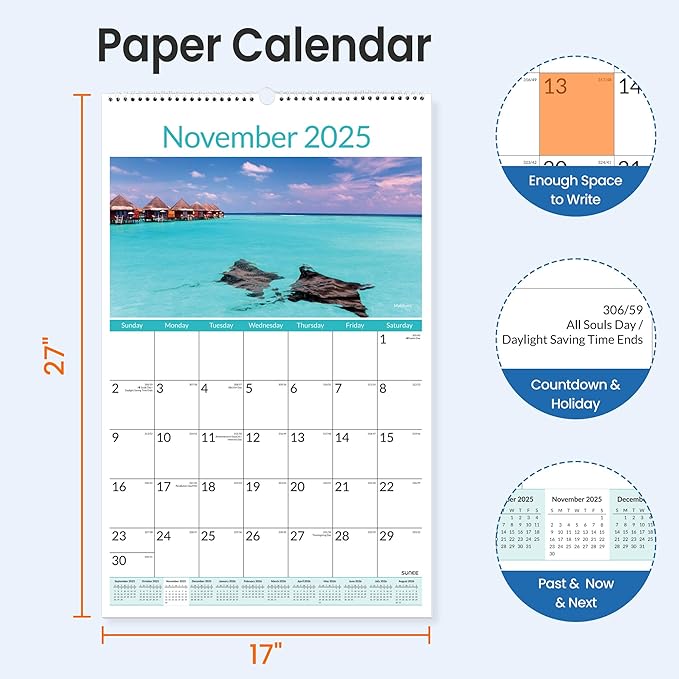 SUNEE 2026 Wall Calendar Extra Large 17"x27", 21 Month from October 2025 to June 2027, Vertical Extra Large Monthly Calendar 2026-2027 for Wall, Beaches