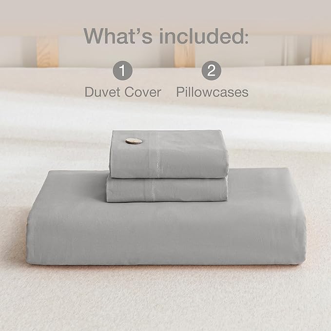 JELLYMONI Cotton Duvet Cover Full Size - Light Gray Comforter Cover with Button 100% Washed Cotton 3PCS Breathable Soft Solid Bedding Set Duvet Cover 80×90in & 2 Pillowcases (NO Comforter)