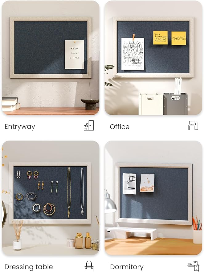 Felt Cork Board Alternative, Felt Bulletin Board 16" x 12" Oatmeal Frame with 8 Adhesive Tabs, Pin Board for Home Office, Classroom, Entryway, Kitchen Wall Decor—Navy Blue