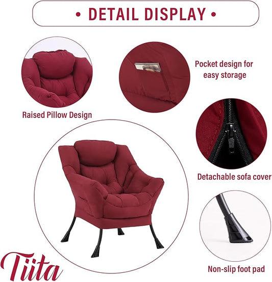 Tiita Lazy Chair, Modern Large Accent Lounge Armchair, Comfy Leisure Sofa Reading Chair for Bedroom, Living Room, Dorm Rooms, Garden and Courtyard, Red
