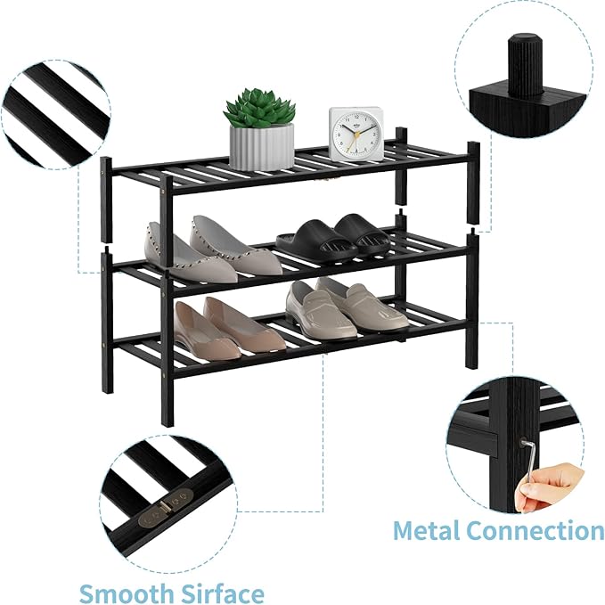 RONGJlA 3 Tier Bamboo Shoe Rack for Closet Free Standing Wood Shoe Shelf Storage Organizer for Entryway Small Space Stackable, Black