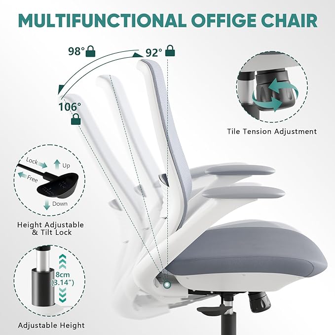 Ergonomic Mesh Office Chair, 330LBS Executive Desk Chair with Lumbar Support, 2D Armrests, Comfy Swivel Computer Task Chairs for Long Hours (Grey)
