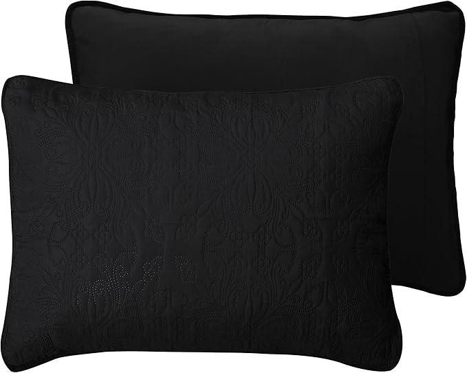 Easy-Going King Size Reversible Quilt Set with 1 Quilt and 2 Pillow Shams, Soft Bed Quilt Cover, Water Resistant Lightweight Microfiber Bedspread, Stain Resistant, Damask-Black/Beige