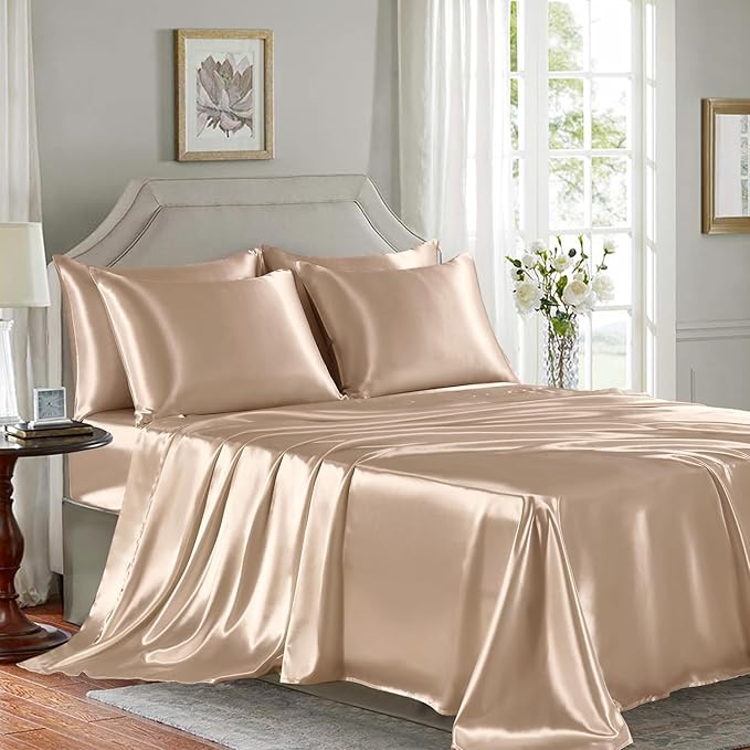 Satin Sheets Queen Size - 6 Pieces Luxury Silky Soft Bed Sheets, Wrinkle-Free Champagne Satin Silk Sheet Set with 1 Deep Pocket Fitted Sheet, 1 Flat Sheet, 4 Pillow Cases