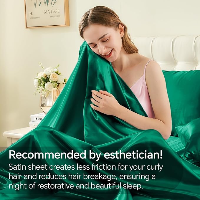 BEDELITE Satin Sheets Queen Size Bed Set, Luxury Soft Dark Green Sheets for Hair and Skin, Similar to Silk Bed Sheets Set 4 Pieces with 1 Deep Pocket Fitted Sheet, 1 Flat Sheet, and 2 Pillowcases