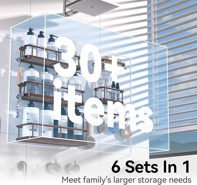 YASONIC Shower Caddy, 6 Pack Large Capacity shower Organizer with Soap Holder and 12 Hooks, Rustproof Shelves for Inside Shower, No Drilling&Sleek Bathroom Organizers and Storage Bronze