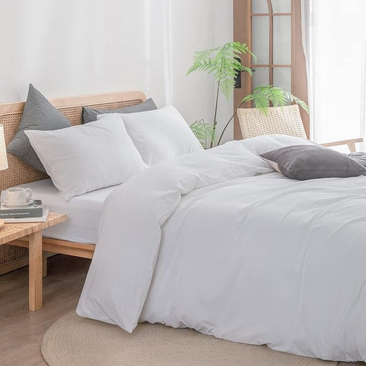 BESTOUCH Duvet Cover Set 100% Washed Cotton Linen Feel Super Soft Comfortable Chic Lightweight 3 PCs Home Bedding Set Solid Bright White Super King
