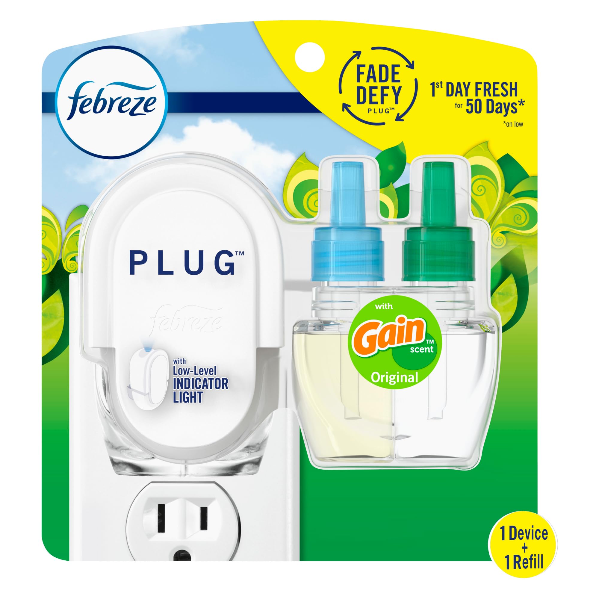 Febreze Plug-In Air Freshener, Odor-Fighting Scented Oil Refill, Air Fresheners for Home, Bathroom and Kitchen, Long Lasting, Gain Original Scent, 0.87oz Refills, Blue and Green, 3 Count Dormly