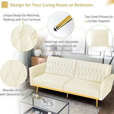 70” Velvet Futon Sofa Bed with 2 Pillows and Adjustable Armrests, Convertible Sleeper Bed W/Adjustable Backrests, Modern Loveseat for Living Room, Bedroom, Beige