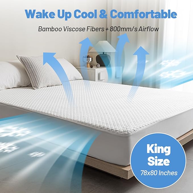 Premium Bamboo Mattress Protector – King Size, Waterproof, & Ultra Soft Breathable Noiseless Washable Bed Mattress Cover for Comfort & Protection MC02KING-T