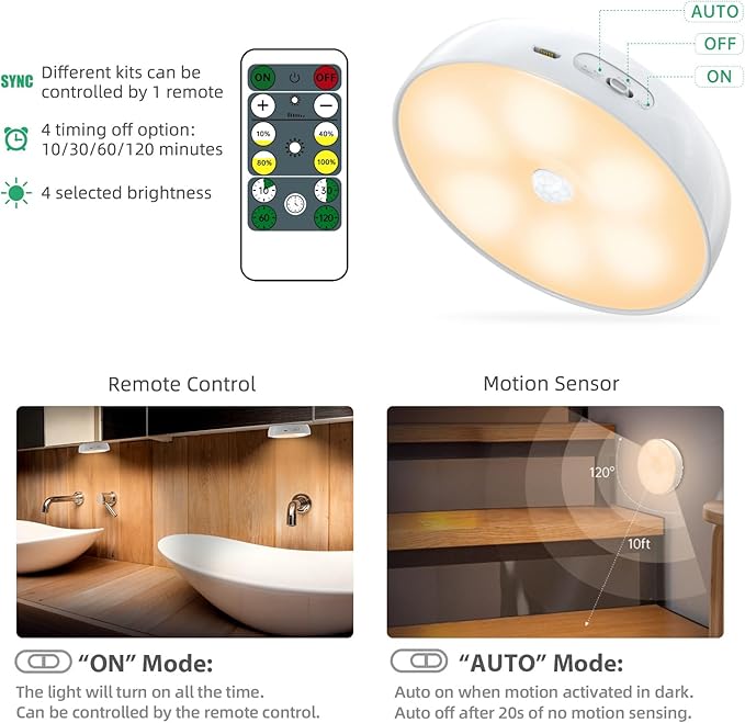 LED Closet Step Lights Motion Sensor Puck Light Compatible with Charging Station, 3 Colors Temperatures USB Rechargeable Indoor Under Cabinet Lighting(6 Pack, Without Charge Stand)