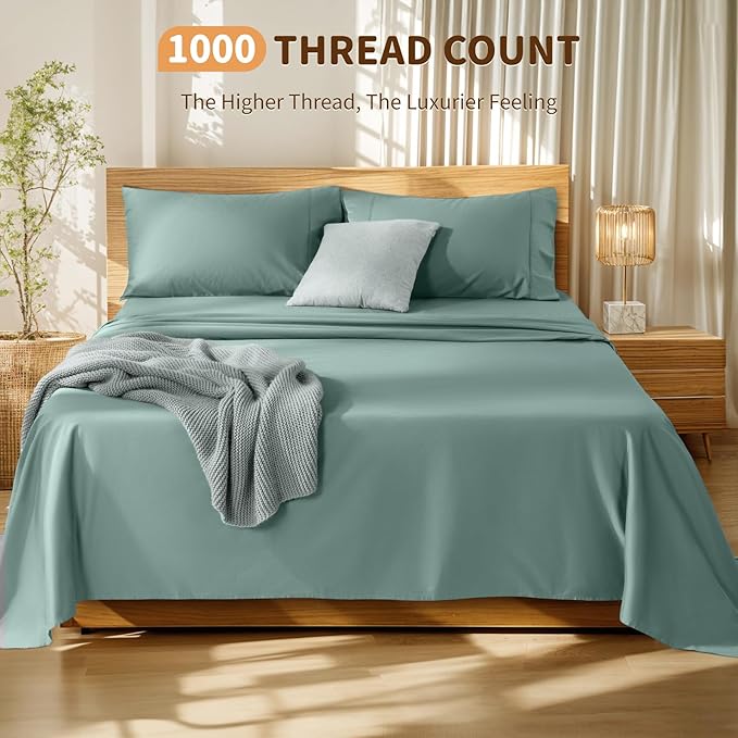 LBRO2M 100% Cotton Sheets Set Deep Pocket 19", 1000 Thread Count California King Size 4 Piece Bed Sheet Sets Soft Comfortable Bedding All Season (California King, Sage Green) LBRO2MBedding