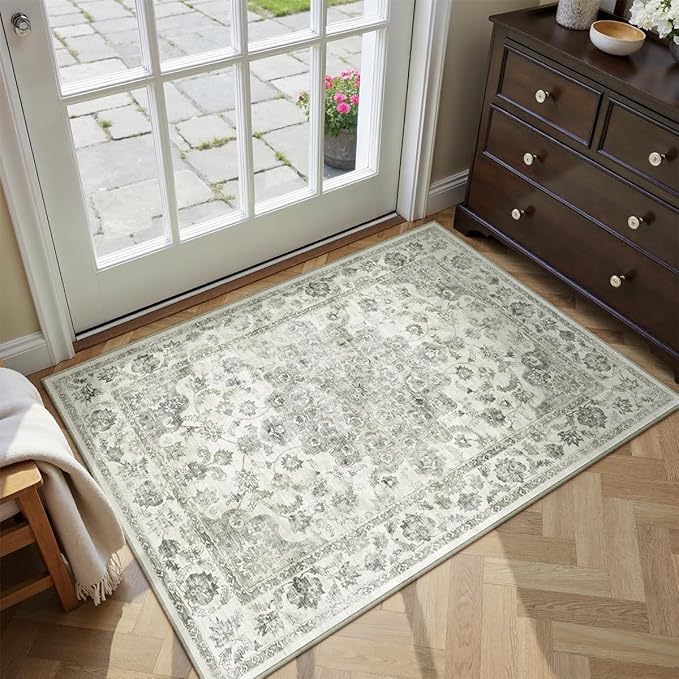 2x3 Washable Neutral Area Rug Green Vintage Entryway Kitchen Carpet Non-Slip Soft Low Pile Floral Indoor Small Throw Rug for Bedroom Bathroom Entrance