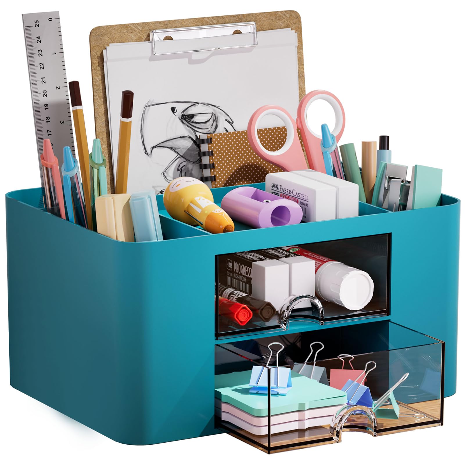 Marbrasse Pen Organizer with 2 Drawer, Multi-Functional Pencil Holder for Desk, Desk Organizers and Accessories with 5 Compartments + Drawer for Office Art Supplies (Blue) Dormly