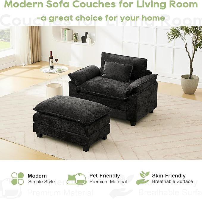 53" Modular Sectional Sofa, Comfy Cloud Couch Sectional Sofa with Ottoman, Chenille Sofa Sleeper Deep Seat Sofa with Throw Pillows for Living Room (Black)