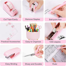 Desk Organizers and Accessories Set with 360-Degree Rotating Pen Holder, Tape Dispenser, Stapler, Staple Remover, 1000 Staples, Tape, Clips Set, Ruler, Scissor, Pen