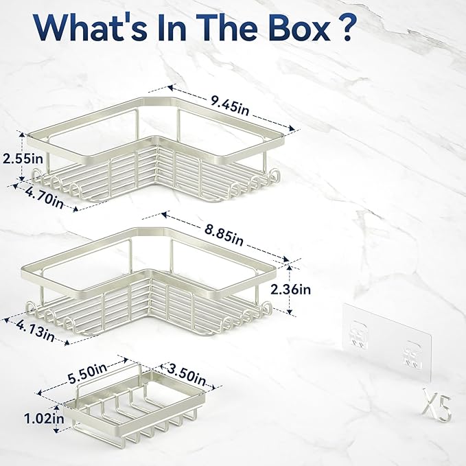YASONIC Corner Shower Caddy, 3-Pack Adhesive Shower Caddy with Soap Holder and 12 Hooks, Rustproof Stainless Steel Bathroom Organizer, No Drilling Wall Mounted Shower Rack, Nickel