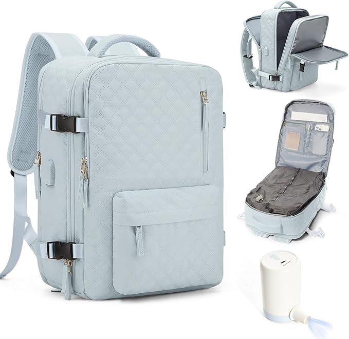 suwasp Vacuum Backpack Travel with Pump, Travel Backpack for Women Men, Vacuum Compression Bags with Laptop Compartment/Shoe Compartment, Personal Item Carry On Backpacks Flight Approved, Light Blue