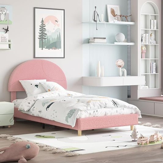 Garvee Twin Bed Frame with Round Boucle Headboard, Upholstered Arch-Shaped Design in Soft Pink, Modern Bed with Wooden Slats, No Box Spring Required and Easy Assembly