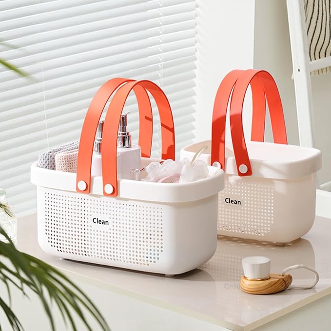 JiatuA Plastic Storage Basket with Handle Portable Shower Caddy Tote Organizer Basket Bin for Bathroom Kitchen Dorm Room Bedroom, Small White