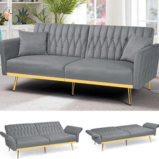 70” Velvet Futon Sofa Bed with 2 Pillows and Adjustable Armrests, Convertible Sleeper Bed W/Adjustable Backrests, Modern Loveseat for Living Room, Bedroom, Light Grey