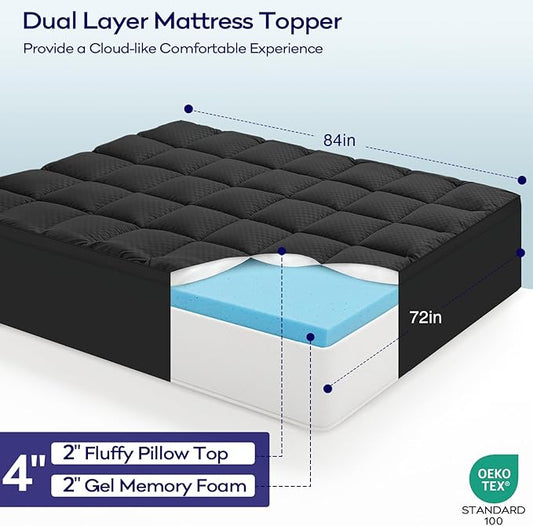 OLANLY Dual-Layer 4 Inch Cal King Size Memory Foam Mattress Topper for Back Pain, 2 Inch Cooling Pillow Top Mattress Pad Cover and 2 Inch Gel Memory Foam Topper, Deep Elastic Pocket, Black