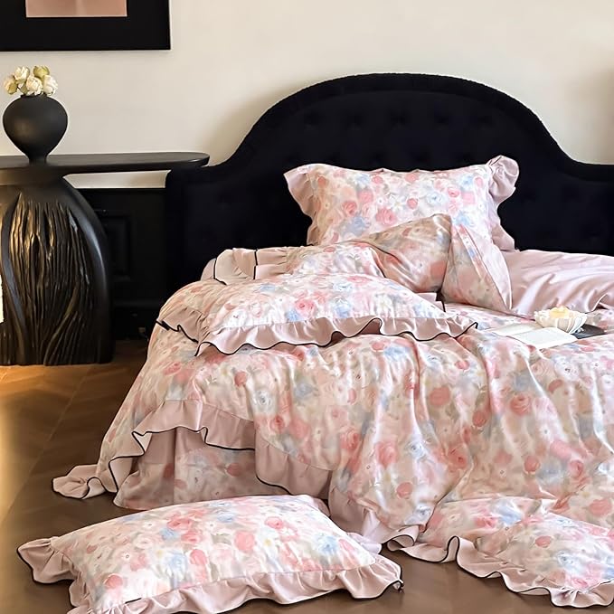 HighBuy Ruffle Duvet Cover Set Twin Pink 100% Brushed Cotton Bedding 3pcs Set,Chic Cottagecore Soft Breathable Vintage Boho Bedding Set,1 Duvet Cover and 2 Pillowcases