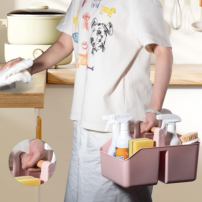 rejomiik Portable Shower Caddy Basket with Bamboo Handle, Plastic Cleaning Caddy Bathroom Organizer Tote for College Dorm Essentials, Bath Toy Storage, Pink