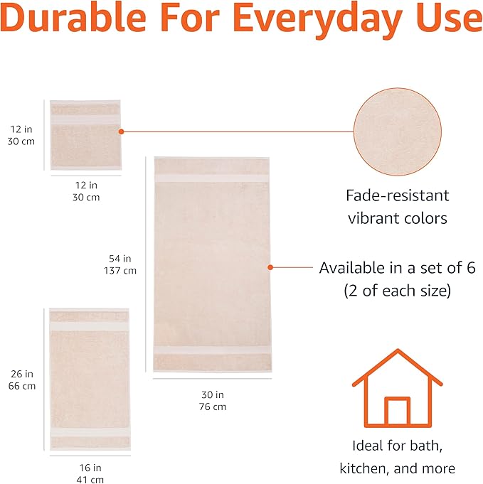 Amazon Basics Fade Resistant Bath, Hand and Washcloth Towel Set, 100% Cotton, Set of 6, 30 x 54 inches, Blush Pink